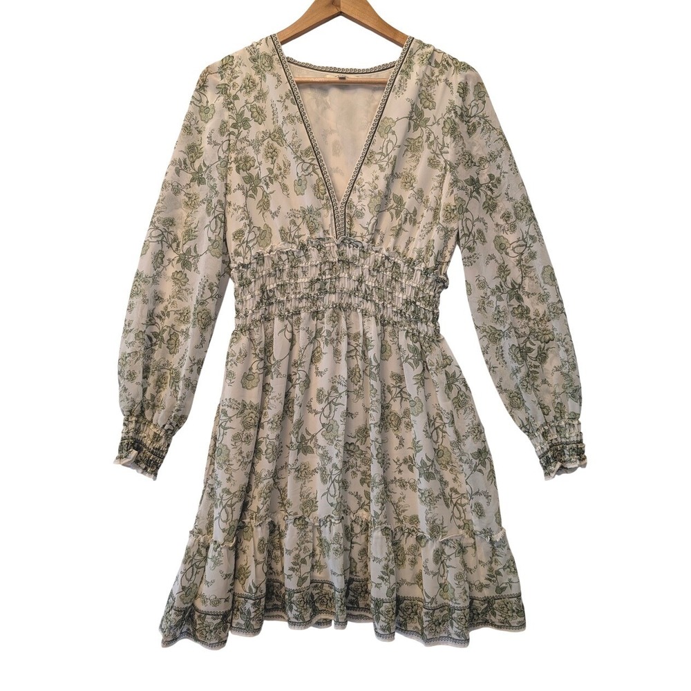 Max Studio Green Floral Smocked Waist V-Neck Ruffle Mini Dress 2985T03 Medium